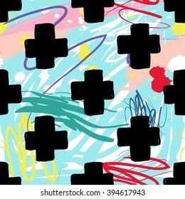 Modern kids seamless pattern with cross. Hand drawn graphic with cute minimalistic scandinavian cartoon elements on color artistic watercolor background