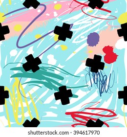 Modern kids seamless pattern with cross. Hand drawn graphic with cute minimalistic scandinavian cartoon elements on color artistic watercolor background