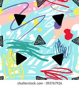 Modern kids seamless pattern with delta and pyramid. Hand drawn graphic with cute minimalistic scandinavian cartoon elements on color artistic watercolor background