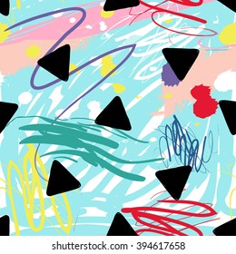 Modern kids seamless pattern with delta. Hand drawn graphic with cute minimalistic scandinavian cartoon elements on color artistic watercolor background