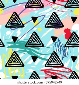 Modern kids seamless pattern with delta and pyramid. Hand drawn graphic with cute minimalistic scandinavian cartoon elements on color artistic watercolor background