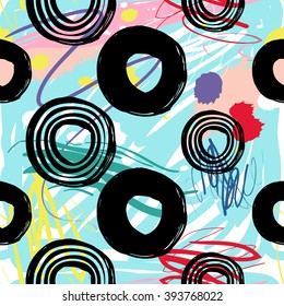 Modern kids seamless pattern with dot and line circle. Hand drawn graphic with cute minimalistic scandinavian cartoon elements on color artistic watercolor background