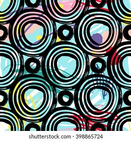 Modern kids seamless pattern with dot and line circle. Hand drawn graphic with cute minimalistic scandinavian cartoon elements on color artistic watercolor background