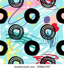 Modern kids seamless pattern with dot and line circle. Hand drawn graphic with cute minimalistic scandinavian cartoon elements on color artistic watercolor background