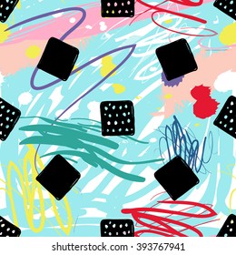 Modern kids seamless pattern with dotted square and square. Hand drawn graphic with cute minimalistic scandinavian cartoon elements on color artistic watercolor background