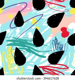 Modern kids seamless pattern with drop. Hand drawn graphic with cute minimalistic scandinavian cartoon elements on color artistic watercolor background