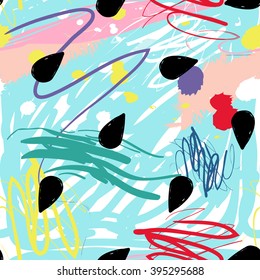 Modern kids seamless pattern with drop. Hand drawn graphic with cute minimalistic scandinavian cartoon elements on color artistic watercolor background