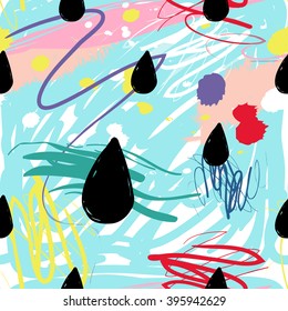 Modern kids seamless pattern with drop. Hand drawn graphic with cute minimalistic scandinavian cartoon elements on color artistic watercolor background