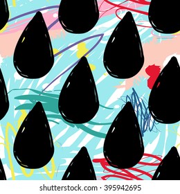 Modern kids seamless pattern with drop. Hand drawn graphic with cute minimalistic scandinavian cartoon elements on color artistic watercolor background
