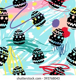 Modern kids seamless pattern with easter egg. Hand drawn graphic with cute minimalistic scandinavian cartoon elements on color artistic watercolor background