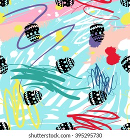Modern kids seamless pattern with easter egg. Hand drawn graphic with cute minimalistic scandinavian cartoon elements on color artistic watercolor background