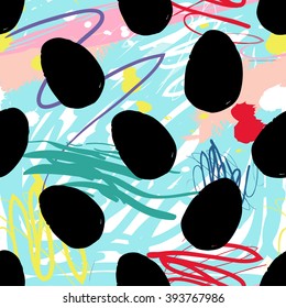 Modern kids seamless pattern with egg. Hand drawn graphic with cute minimalistic scandinavian cartoon elements on color artistic watercolor background