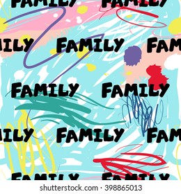 Modern kids seamless pattern with family. Hand drawn graphic with cute minimalistic scandinavian cartoon elements on color artistic watercolor background