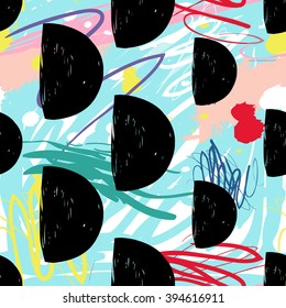 Modern kids seamless pattern with half moon. Hand drawn graphic with cute minimalistic scandinavian cartoon elements on color artistic watercolor background