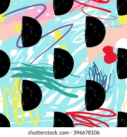 Modern kids seamless pattern with half moon. Hand drawn graphic with cute minimalistic scandinavian cartoon elements on color artistic watercolor background