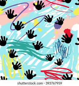 Modern kids seamless pattern with handprint. Hand drawn graphic with cute minimalistic scandinavian cartoon elements on color artistic watercolor background