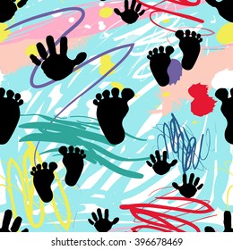 Modern kids seamless pattern with handprint and footprint. Hand drawn graphic with cute minimalistic scandinavian cartoon elements on color artistic watercolor background