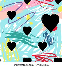 Modern kids seamless pattern with heart. Hand drawn graphic with cute minimalistic scandinavian cartoon elements on color artistic watercolor background