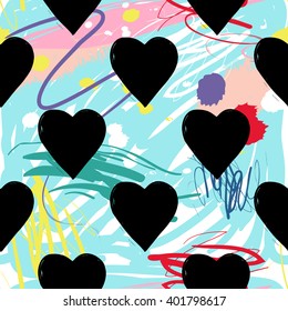 Modern kids seamless pattern with heart. Hand drawn graphic with cute minimalistic scandinavian cartoon elements on color artistic watercolor background