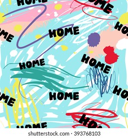 Modern kids seamless pattern with home. Hand drawn graphic with cute minimalistic scandinavian cartoon elements on color artistic watercolor background
