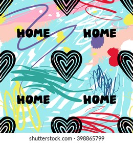 Modern kids seamless pattern with home and line heart. Hand drawn graphic with cute minimalistic scandinavian cartoon elements on color artistic watercolor background