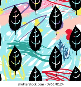 Modern kids seamless pattern with leaf. Hand drawn graphic with cute minimalistic scandinavian cartoon elements on color artistic watercolor background