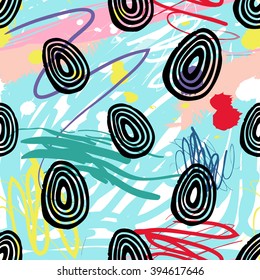Modern kids seamless pattern with line egg. Hand drawn graphic with cute minimalistic scandinavian cartoon elements on color artistic watercolor background