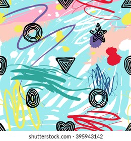 Modern kids seamless pattern with line egg, pyramid, line star, line circle, line heart. Hand drawn graphic with cute minimalistic scandinavian cartoon elements on color artistic watercolor background