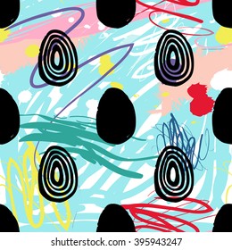 Modern kids seamless pattern with line egg and egg. Hand drawn graphic with cute minimalistic scandinavian cartoon elements on color artistic watercolor background