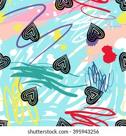 Modern kids seamless pattern with line heart. Hand drawn graphic with cute minimalistic scandinavian cartoon elements on color artistic watercolor background