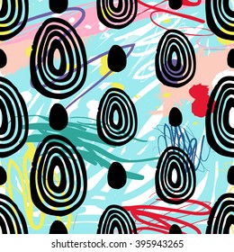 Modern kids seamless pattern with line egg and egg. Hand drawn graphic with cute minimalistic scandinavian cartoon elements on color artistic watercolor background