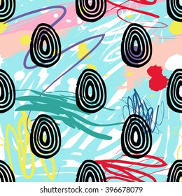 Modern kids seamless pattern with line egg. Hand drawn graphic with cute minimalistic scandinavian cartoon elements on color artistic watercolor background