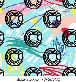 Modern kids seamless pattern with line circle. Hand drawn graphic with cute minimalistic scandinavian cartoon elements on color artistic watercolor background