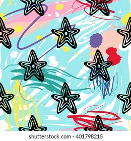 Modern kids seamless pattern with line star. Hand drawn graphic with cute minimalistic scandinavian cartoon elements on color artistic watercolor background