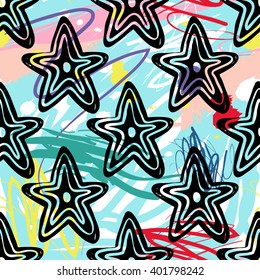 Modern kids seamless pattern with line star. Hand drawn graphic with cute minimalistic scandinavian cartoon elements on color artistic watercolor background