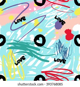 Modern kids seamless pattern with love and circle heart. Hand drawn graphic with cute minimalistic scandinavian cartoon elements on color artistic watercolor background