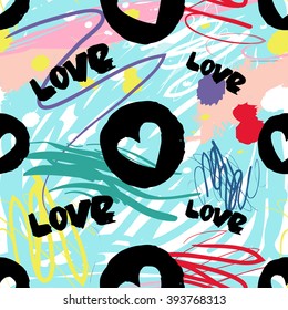 Modern kids seamless pattern with love and circle heart. Hand drawn graphic with cute minimalistic scandinavian cartoon elements on color artistic watercolor background