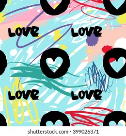 Modern kids seamless pattern with love and circle heart. Hand drawn graphic with cute minimalistic scandinavian cartoon elements on color artistic watercolor background
