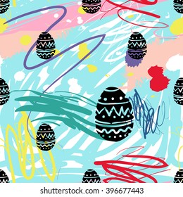 Modern kids seamless pattern with ornament egg. Hand drawn graphic with cute minimalistic scandinavian cartoon elements on color artistic watercolor background