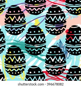 Modern kids seamless pattern with ornament egg. Hand drawn graphic with cute minimalistic scandinavian cartoon elements on color artistic watercolor background