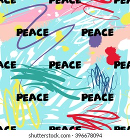Modern kids seamless pattern with peace. Hand drawn graphic with cute minimalistic scandinavian cartoon elements on color artistic watercolor background