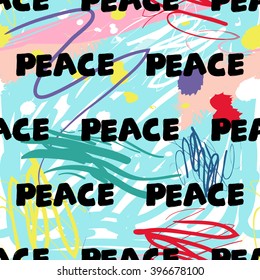 Modern kids seamless pattern with peace. Hand drawn graphic with cute minimalistic scandinavian cartoon elements on color artistic watercolor background