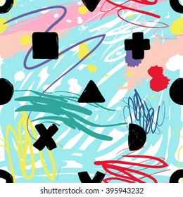 Modern kids seamless pattern with square, x, cross, v, half moon, triangle, circle, dot. Hand drawn graphic with cute minimalistic scandinavian cartoon elements on color artistic watercolor background