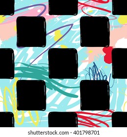 Modern kids seamless pattern with square. Hand drawn graphic with cute minimalistic scandinavian cartoon elements on color artistic watercolor background
