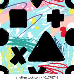Modern kids seamless pattern with square, x, cross, v, half moon, triangle, circle, dot. Hand drawn graphic with cute minimalistic scandinavian cartoon elements on color artistic watercolor background