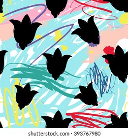 Modern kids seamless pattern with tulip. Hand drawn graphic with cute minimalistic scandinavian cartoon elements on color artistic watercolor background