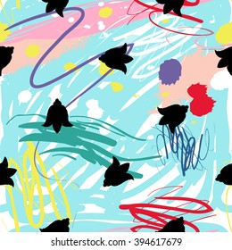 Modern kids seamless pattern with tulip. Hand drawn graphic with cute minimalistic scandinavian cartoon elements on color artistic watercolor background