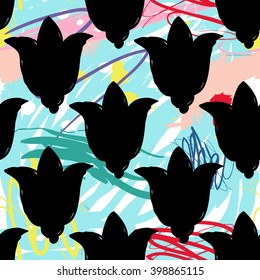 Modern kids seamless pattern with tulip. Hand drawn graphic with cute minimalistic scandinavian cartoon elements on color artistic watercolor background