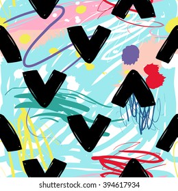 Modern kids seamless pattern with v. Hand drawn graphic with cute minimalistic scandinavian cartoon elements on color artistic watercolor background