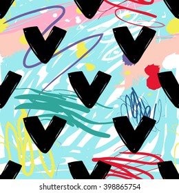Modern kids seamless pattern with v. Hand drawn graphic with cute minimalistic scandinavian cartoon elements on color artistic watercolor background